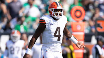 Oct 13, 2024; Philadelphia, Pennsylvania, USA; Cleveland Browns quarterback Deshaun Watson (4) reacts to a play against the Philadelphia Eagles during the first quarter at Lincoln Financial Field. Mandatory Credit: Bill Streicher-Imagn Images