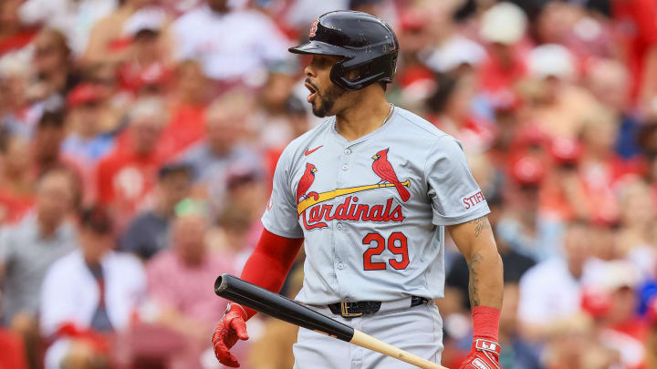 Aug 12, 2024; Cincinnati, Ohio, USA; St. Louis Cardinals outfielder Tommy Pham (29) reacts after striking out in the first inning against the Cincinnati Reds at Great American Ball Park.