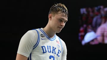 Duke Blue Devils forward Cooper Flagg walks off the court after losing to the Houston Cougars in the 2025 NCAA Tournament.