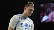 Duke Blue Devils forward Cooper Flagg after losing to the Houston Cougars in men's Final Four of the 2025 NCAA Tournament 