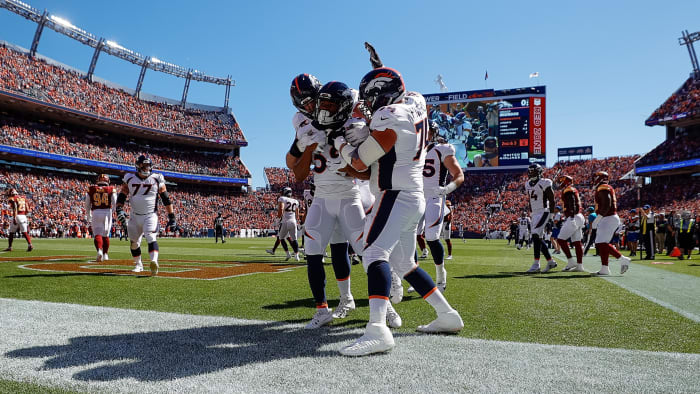 Sep 17, 2023; Denver, Colorado, USA; Denver Broncos running back Jaleel McLaughlin (38) celebrates