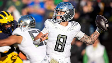 Oregon quarterback Dillon Gabriel makes a pass against Michigan during the first half at Michigan Stadium in Ann Arbor on Saturday, Nov. 2, 2024.