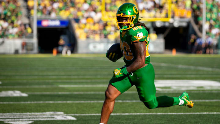 Oregon Ducks running back Jordan James carries the ball for a touchdown as the Oregon Ducks host the Idaho Vandals Saturday, Aug. 31, 2024 at Autzen Stadium in Eugene, Ore.