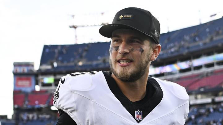 Dec 28, 2025; Nashville, Tennessee, USA;  New Orleans Saints quarterback Tyler Shough (6) celebrates win against the Tennessee Titans after the game at Nissan Stadium. Mandatory Credit: Steve Roberts-Imagn Images