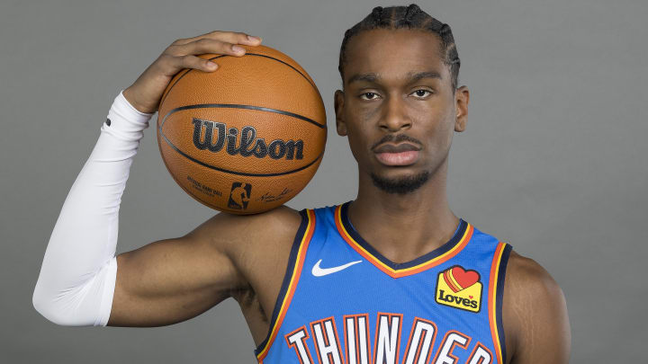 Oct 2, 2023; Oklahoma City, OK, USA; Oklahoma City Thunder guard Shai Gilgeous-Alexander (2) poses for a photo during media day at Oklahoma City Convention Center. Mandatory Credit: Alonzo Adams-USA TODAY Sports