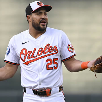 Sep 4, 2024; Baltimore, Maryland, USA;  Baltimore Orioles outfielder Anthony Santander (25) reacts while speaking with teammate sin the field before the game against the Chicago White Sox at Oriole Park at Camden Yards.