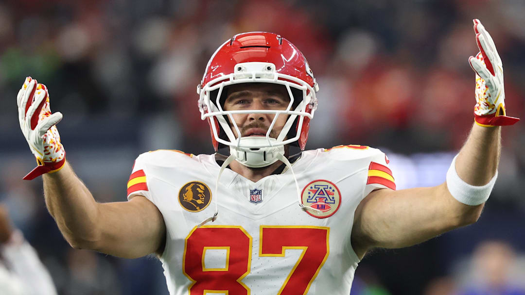 Nov 27, 2025; Arlington, Texas, USA; Kansas City Chiefs tight end Travis Kelce (87) warms up prior to the game against the Dallas Cowboys at AT&T Stadium. Mandatory Credit: Kevin Jairaj-Imagn Images