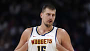 Nov 5, 2025; Denver, Colorado, USA; Denver Nuggets center Nikola Jokic (15) during the first quarter against the Miami Heat at Ball Arena. 