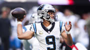 Nov 16, 2025; Atlanta, Georgia, USA;  Carolina Panthers quarterback Bryce Young (9) looks to pass in the first quarter against the Atlanta Falcons at Mercedes-Benz Stadium.