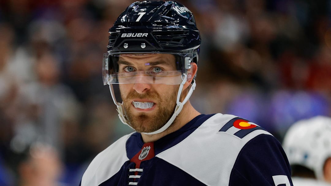 Dec 23, 2025; Denver, Colorado, USA; Colorado Avalanche defenseman Devon Toews (7) in the first period against the Utah Mammoth at Ball Arena. Mandatory Credit: Isaiah J. Downing-Imagn Images