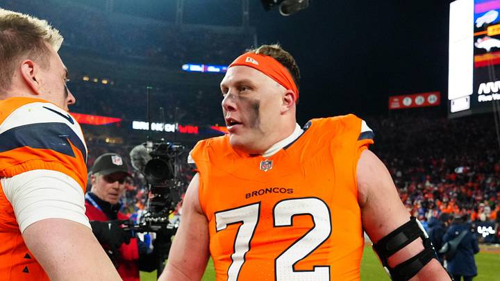 Denver Broncos quarterback Bo Nix (10) and offensive tackle Garett Bolles (72) 