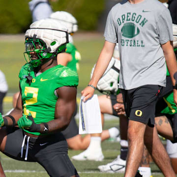 Oregon inside linebacker Jeffrey Bassa works out during practice with the Oregon Ducks Tuesday, Aug. 20, 2024 at the Hatfield-Dowlin Complex in Eugene, Ore.