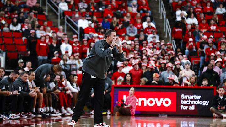 Feb 7, 2026; Raleigh, North Carolina, USA; NC State Wolfpack head coach Will Wade reacts during the first half of the game against the Virginia Tech Hokies at Lenovo Center. Mandatory Credit: Jaylynn Nash-Imagn Images