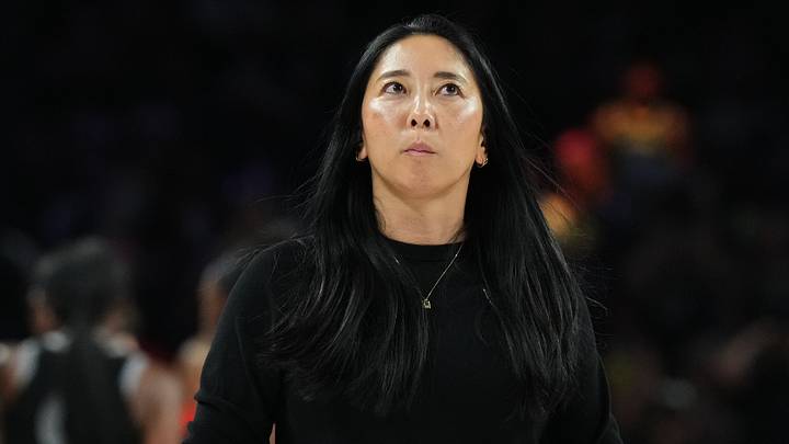 Oct 9, 2026; Las Vegas, Nevada, USA;  Golden State Valkyries head coach Natalie Nakase reacts in the second half during game three of the second round for the 2026 WNBA Playoffs against the Las Vegas Aces at Michelob Ultra Arena.  Mandatory Credit: Candice Ward-Imagn Images