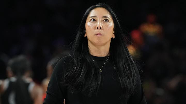 Oct 9, 2026; Las Vegas, Nevada, USA;  Golden State Valkyries head coach Natalie Nakase reacts in the second half during game three of the second round for the 2026 WNBA Playoffs against the Las Vegas Aces at Michelob Ultra Arena.  Mandatory Credit: Candice Ward-Imagn Images