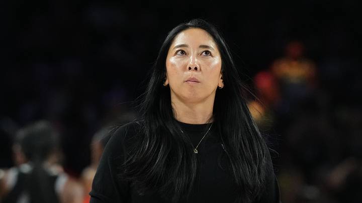 Oct 9, 2026; Las Vegas, Nevada, USA;  Golden State Valkyries head coach Natalie Nakase reacts in the second half during game three of the second round for the 2026 WNBA Playoffs against the Las Vegas Aces at Michelob Ultra Arena.  Mandatory Credit: Candice Ward-Imagn Images