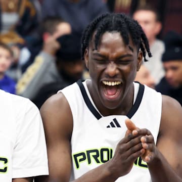 Prolific Prep's AJ Dybantsa, left, with teammate Zoom Diallo share a laugh before a game versus Orangeville Prep on Wednesday, Jan. 10, 2024.