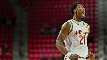 Dec 2, 2025; College Park, Maryland, USA;  Maryland Terrapins forward Pharrel Payne (21) reacts after dunking during the second half against the Wagner Seahawks at Xfinity Center. Mandatory Credit: Tommy Gilligan-Imagn Images