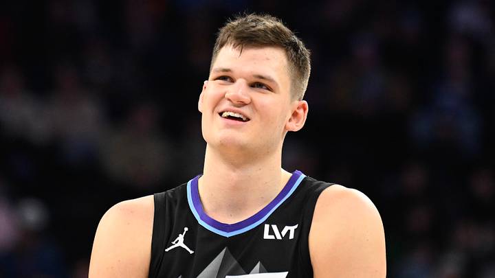 Walker Kessler #24 of the Utah Jazz looks on during the first half of a game against the Minnesota Timberwolves. (Photo by Alex Goodlett/Getty Images)