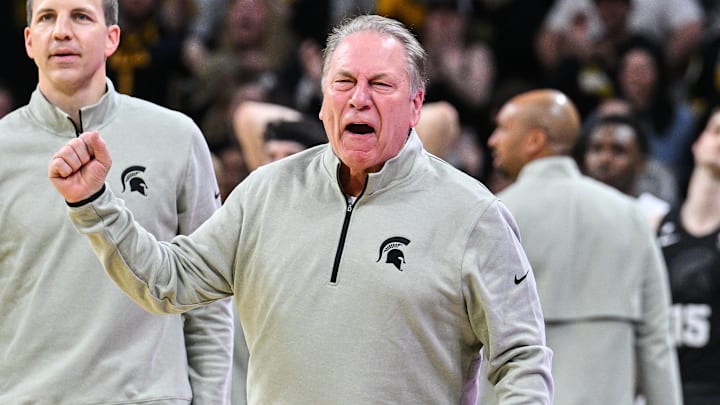 Mar 6, 2025; Iowa City, Iowa, USA; Michigan State Spartans head coach Tom Izzo reacts during the second half against the Iowa Hawkeyes at Carver-Hawkeye Arena. Mandatory Credit: Jeffrey Becker-Imagn Images Mar 6, 2025; Iowa City, Iowa, USA; Michigan State Spartans head coach Tom Izzo reacts during the second half against the Iowa Hawkeyes at Carver-Hawkeye Arena. Mandatory Credit: Jeffrey Becker-Imagn Images