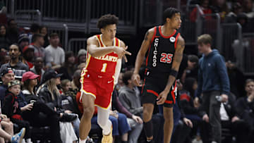 Atlanta Hawks forward Jalen Johnson reacts after scoring against the Chicago Bulls during the first half at United Center