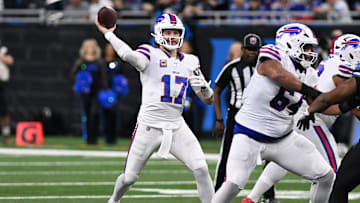 Dec 15, 2024; Detroit, Michigan, USA; Buffalo Bills quarterback Josh Allen (17) throws a pass against the Detroit Lions in the second quarter at Ford Field. Mandatory Credit: Lon Horwedel-Imagn Images