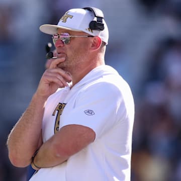 Oct 25, 2025; Atlanta, Georgia, USA; Georgia Tech Yellow Jackets head coach Brent Key on the sidelines against the Syracuse Orange in the fourth quarter at Bobby Dodd Stadium at Hyundai Field. Mandatory Credit: Brett Davis-Imagn Images
