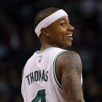 Dec 30, 2016; Boston, MA, USA;  Boston Celtics guard Isaiah Thomas (4) smiles during the second half against the Miami Heat at TD Garden. Mandatory Credit: Winslow Townson-USA TODAY Sports