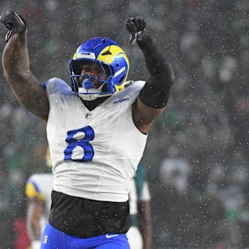 Jan 19, 2025; Philadelphia, Pennsylvania, USA; Los Angeles Rams linebacker Jared Verse (8) reacts after a play against the Philadelphia Eagles in a 2025 NFC divisional round game at Lincoln Financial Field. Mandatory Credit: Eric Hartline-Imagn Images