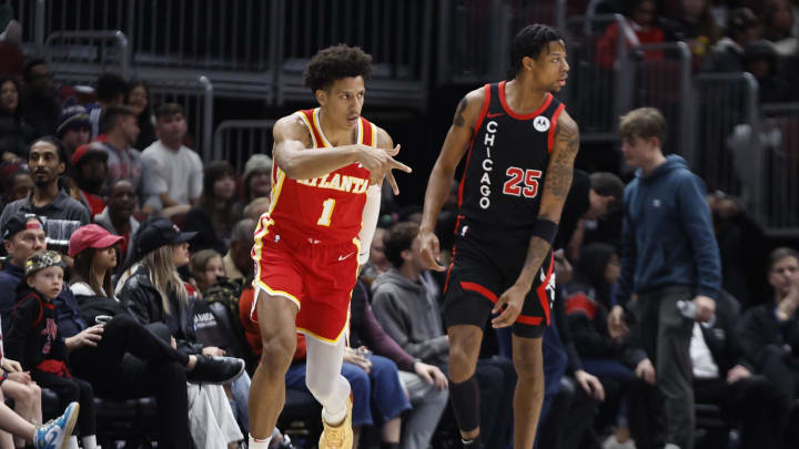 Apr 1, 2024; Chicago, Illinois, USA; Atlanta Hawks forward Jalen Johnson (1) reacts after scoring against the Chicago Bulls during the first half at United Center. Mandatory Credit: Kamil Krzaczynski-USA TODAY Sports