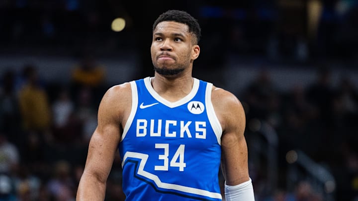 Mar 11, 2025; Indianapolis, Indiana, USA; Milwaukee Bucks forward Giannis Antetokounmpo (34) in the second half against the Indiana Pacers at Gainbridge Fieldhouse. Mandatory Credit: Trevor Ruszkowski-Imagn Images Mar 11, 2025; Indianapolis, Indiana, USA; Milwaukee Bucks forward Giannis Antetokounmpo (34) in the second half against the Indiana Pacers at Gainbridge Fieldhouse. Mandatory Credit: Trevor Ruszkowski-Imagn Images