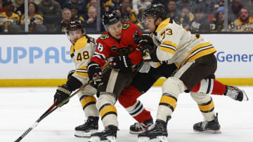 Oct 11, 2023; Boston, Massachusetts, USA; Chicago Blackhawks center Connor Bedard (98) tries to find