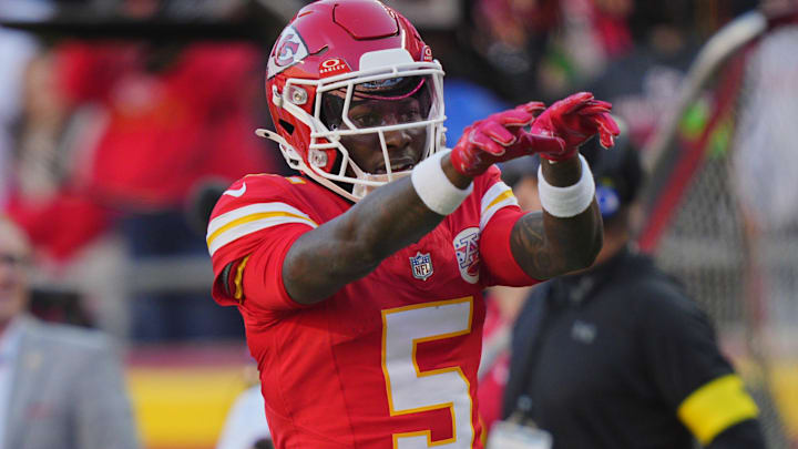Nov 23, 2025; Kansas City, Missouri, USA; Kansas City Chiefs wide receiver Hollywood Brown (5) reacts after a catch against the Indianapolis Colts in the second half at GEHA Field at Arrowhead Stadium. Mandatory Credit: Jay Biggerstaff-Imagn Images