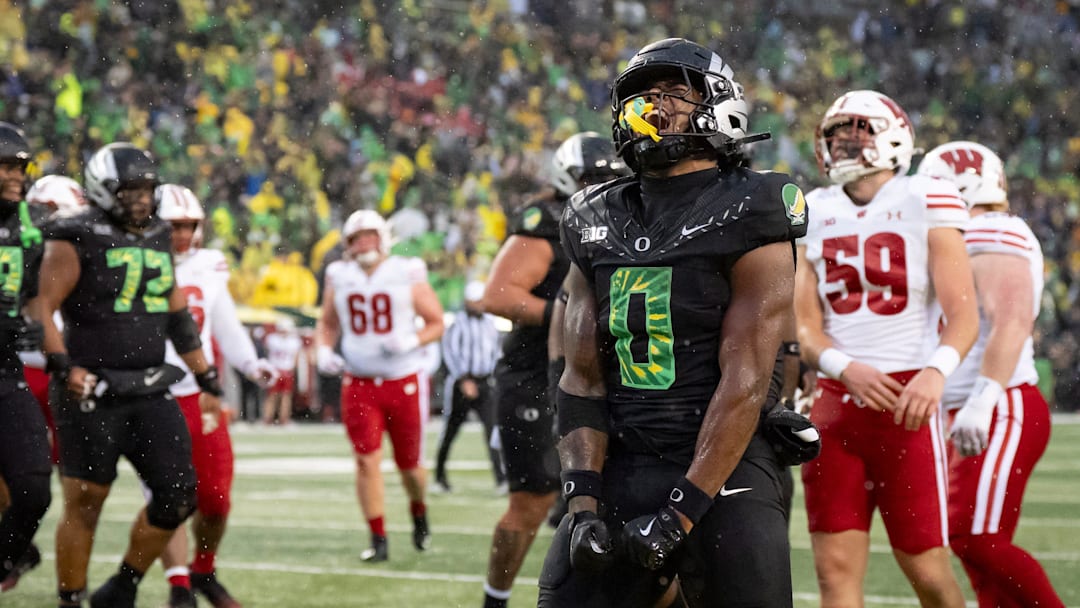 Oregon running back Jordon Davison celebrates a touchdown as the Oregon Ducks host the Wisconsin Badgers on Oct. 25, 2025, at Autzen Stadium in Eugene, Oregon.