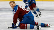 Apr 23, 2025; Denver, Colorado, USA; Colorado Avalanche left wing Gabriel Landeskog (92) warms up before game threeagainst the Dallas Stars in the first round of the 2025 Stanley Cup Playoffs  at Ball Arena. Mandatory Credit: Isaiah J. Downing-Imagn Images