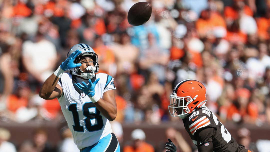 Carolina Panthers wide receiver Jalen Coker (18) makes a catch defended by Cleveland Browns cornerback Mekhi Blackmon (29) during the second quarter at Huntington Bank Field. Mandatory Credit: Scott Galvin-Imagn Images Carolina Panthers wide receiver Jalen Coker (18) makes a catch defended by Cleveland Browns cornerback Mekhi Blackmon (29) during the second quarter at Huntington Bank Field. Mandatory Credit: Scott Galvin-Imagn Images
