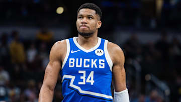 Mar 11, 2025; Indianapolis, Indiana, USA; Milwaukee Bucks forward Giannis Antetokounmpo (34)  in the second half against the Indiana Pacers  at Gainbridge Fieldhouse. Mandatory Credit: Trevor Ruszkowski-Imagn Images