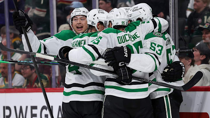 Apr 22, 2026; Saint Paul, Minnesota, USA; Dallas Stars center Wyatt Johnston (53) celebrates his game-winning goal during the second overtime period in game three of the first round of the 2026 Stanley Cup Playoffs against the Minnesota Wild at Grand Casino Arena. Mandatory Credit: Matt Krohn-Imagn Images