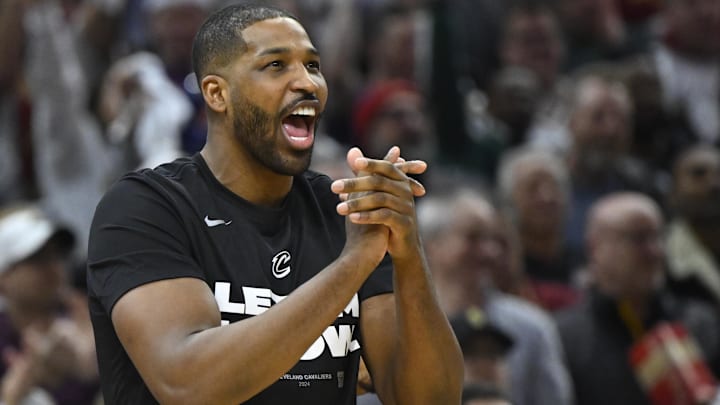 Apr 20, 2024; Cleveland, Ohio, USA; Cleveland Cavaliers center Tristan Thompson (13) reacts in the second quarter against the Orlando Magic during game one of the first round for the 2024 NBA playoffs at Rocket Mortgage FieldHouse. Mandatory Credit: David Richard-Imagn Images