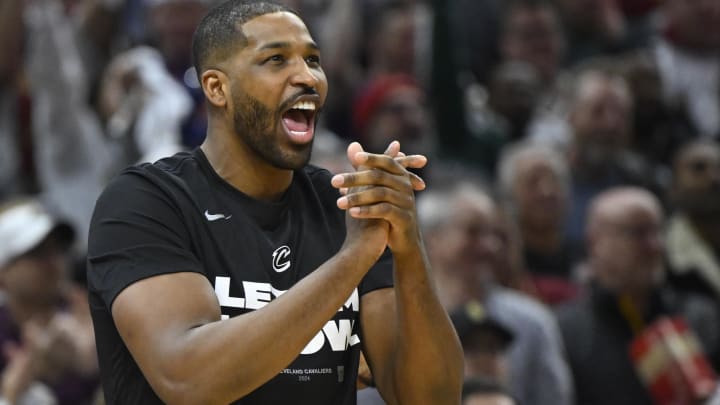 Apr 20, 2024; Cleveland, Ohio, USA; Cleveland Cavaliers center Tristan Thompson (13) reacts in the second quarter against the Orlando Magic during game one of the first round for the 2024 NBA playoffs at Rocket Mortgage FieldHouse. Mandatory Credit: David Richard-USA TODAY Sports