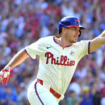 Sep 15, 2024; Philadelphia, Pennsylvania, Philadelphia Phillies catcher J.T. Realmuto celebrates his walk-off RBI single.