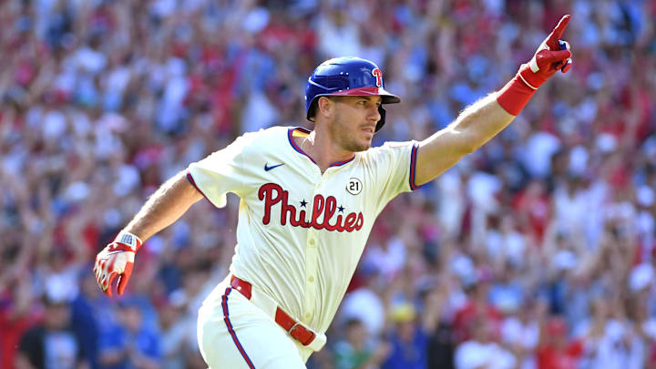 Sep 15, 2024; Philadelphia, Pennsylvania, Philadelphia Phillies catcher J.T. Realmuto celebrates his walk-off RBI single.