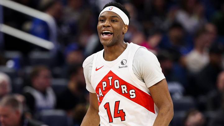 Jan 30, 2026; Orlando, Florida, USA; Toronto Raptors guard Ja'kobe Walter (14) reacts after a basket against the Orlando Magic in the second quarter at Kia Center. Mandatory Credit: Nathan Ray Seebeck-Imagn Images