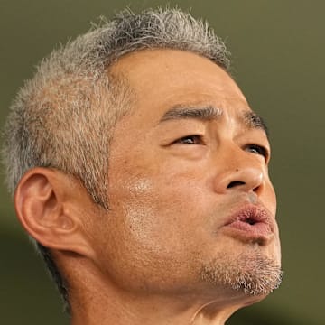 Hall of Fame inductee Ichiro Suzuki makes his acceptance speech during the Baseball Hall of Fame Induction Ceremony at the Clark Sports Center on July 27. 