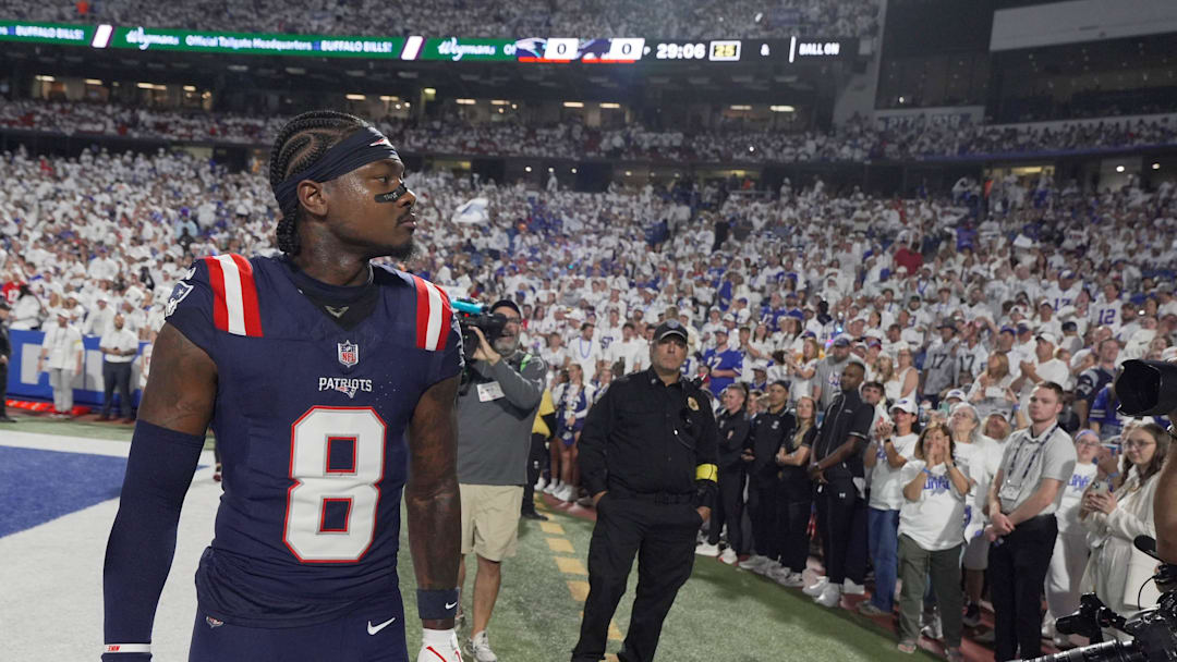 Stefon Diggs, a former Bills player, looks around at the crowd as the crowd has a mixed reaction to his return with another team before the Bills home game against the New England Patriots at Highmark Stadium in Orchard Park on Oct. 5, 2025.