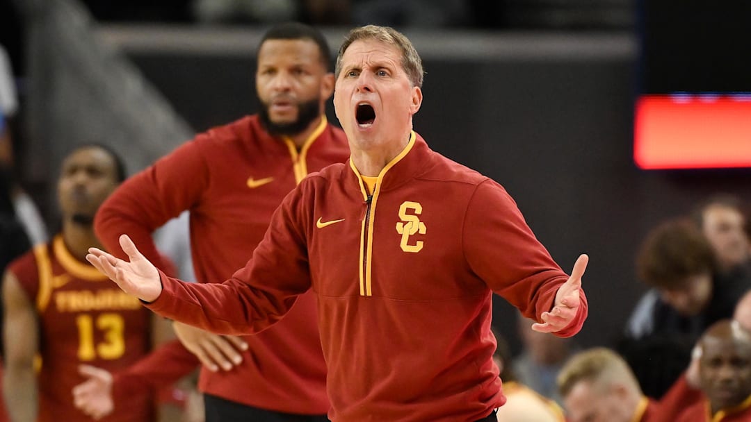 Feb 24, 2026; Los Angeles, California, USA; Southern California head coach Eric Musselman reacts to a foul call during the second half against the UCLA Bruins at Pauley Pavilion presented by Wescom Financial. Mandatory Credit: Robert Hanashiro-Imagn Images