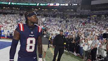 Stefon Diggs, a former Bills player, looks around at the crowd as the crowd has a mixed reaction to his return with another team before the Bills home game against the New England Patriots at Highmark Stadium in Orchard Park on Oct. 5, 2025.