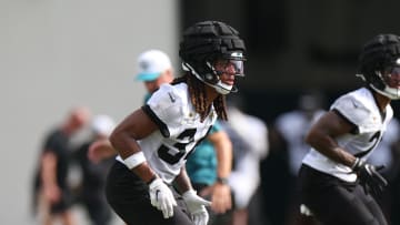 Jul 25, 2024; Jacksonville, FL, USA; Jacksonville Jaguars cornerback Gregory Junior (34) participates in training camp at Miller Electric Center Mandatory Credit: Nathan Ray Seebeck-USA TODAY Sports