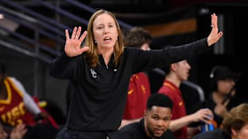 Mar 24, 2025; Los Angeles, California, USA; USC Trojans head coach Lindsay Gottlieb during  the first quarter of an NCAA Tournament second round game against the Mississippi State Bulldogs at Galen Center. Mandatory Credit: Robert Hanashiro-Imagn Images