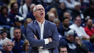 Dec 5, 2025; Storrs, Connecticut, USA; UConn Huskies head coach Dan Hurley watches from the sideline as they take on East Texas A&M at Harry A. Gampel Pavilion. Mandatory Credit: David Butler II-Imagn Images